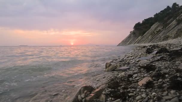 Närbild slow motion låg vidvinkel små havsvågor rullande på en stenig strand. Rörelse längs stranden framåt. Seaside. Kvälls solnedgång på en stenig klapperstensstrand — Stockvideo