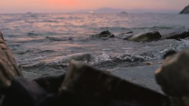 Närbild slow motion låg vinkel små havsvågor rullande på en stenig strand. Seaside. Kvälls solnedgång på en stenig klapperstensstrand — Stockvideo