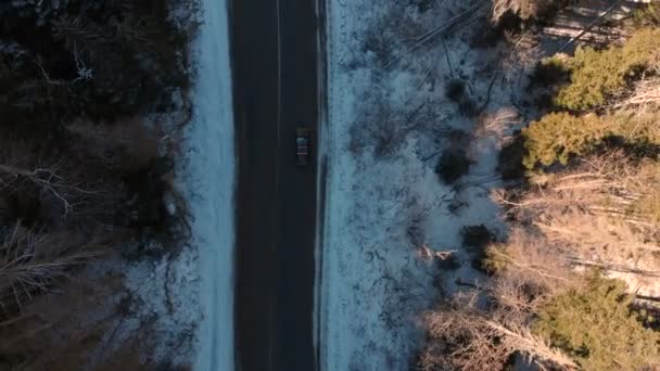 Vue aérienne d'une voiture hors route inconnue circulant le long d'une route asphaltée dans une forêt de conifères en hiver par une journée ensoleillée. Concept de transport hivernal. Clé basse 