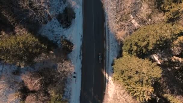 Aerial view of an unknown off-road car driving along an asphalt road in a coniferous winter forest on a sunny day. Winter transportation concept. Low key — Stock Video