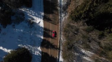 Güneşli bir günde iğne yapraklı bir kış ormanında asfalt yol boyunca sürüş bilinmeyen bir off-road araba havadan görünümü. Kış ulaşım konsepti. Düşük anahtar