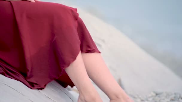 Portret aantrekkelijke blanke jonge vrouw in een rode jurk en een strohoed met vlechten draait rond zittend op de kust glimlachend naar de camera — Stockvideo