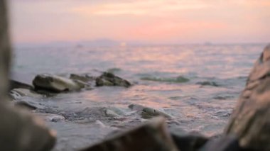 Yakın çekim yavaş çekim düşük açı küçük deniz dalgaları kayalık bir plajda haddeleme. Sahil. Çakıl taşlı kayalık plajda akşam gün batımı