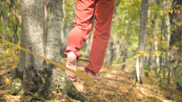 A Slack man aged with a beard in sportswear walks balancing on the slackline. The concept of sports activity at the age of 50. Athletes foot closeup — ストック動画