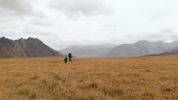 Vista aérea de um casal de viajantes homem e mulher com grandes mochilas em chapéus e óculos de sol caminham ao longo de um planalto alpino cercado por montanhas épicas — Vídeo de Stock