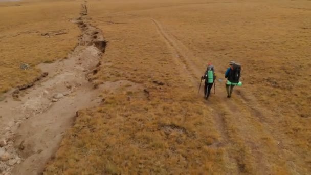 Vista aérea de um casal de viajantes homem e mulher com grandes mochilas em chapéus e óculos de sol caminham ao longo de um planalto alpino cercado por montanhas épicas — Vídeo de Stock