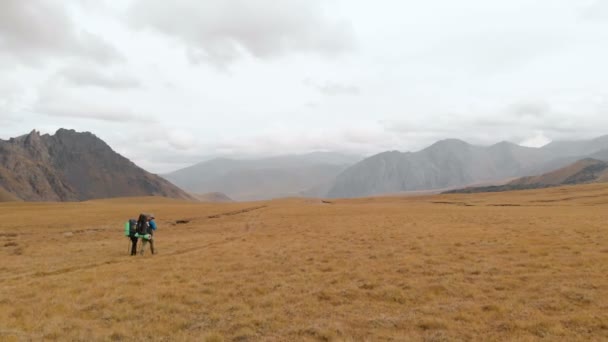 Flygfoto av ett par resenärer man och kvinna med stora ryggsäckar i hattar och solglasögon promenad längs en alpin platå omgiven av episka berg — Stockvideo