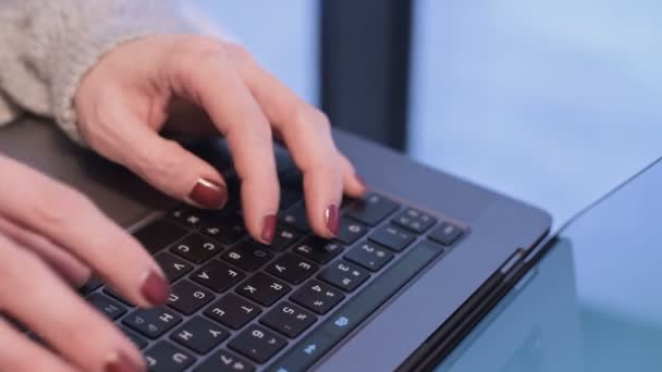 Közelkép női kezek gépelés egy laptop billentyűzeten este, amikor a kék óra már kijött az ablakon. Sekély mélységélesség. téli erdő a háttérben. Szabadúszó koncepció — Stock videók