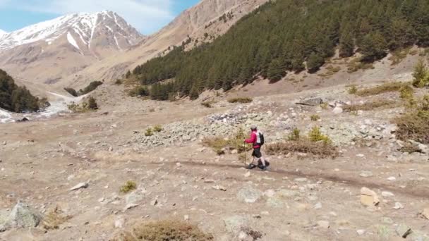 Légi felvétel egy elegáns fiatalember napszemüvegben sapka és rövidnadrág egy kabát sétál túrázás botokkal végig a szurdokban — Stock videók
