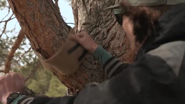 Garis miring. Seorang pemuda menginstal tali slackline di pohon untuk berlatih pada keseimbangan. Close-up dari kedalaman kecil dari field — Stok Video