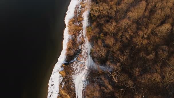 Vista aérea superior da costa em um dia quente de inverno. Grama amarela e pedaços de neve na costa. Conceito de aquecimento global. Movimento para a frente — Vídeo de Stock