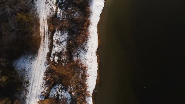 Flygfoto över strandlinjen en varm vinterdag. Gult gräs och snö på stranden. Begreppet global uppvärmning. Vidarebefordran — Stockvideo