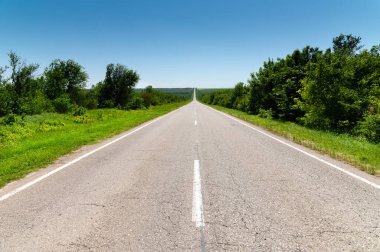 Banliyöde ağaçlar ve otlarla çevrili boş yol asfaltı. Ulaşım ve seyahat kavramı. Arkaplan yeşil çimen asfalt ve mavi gökyüzü