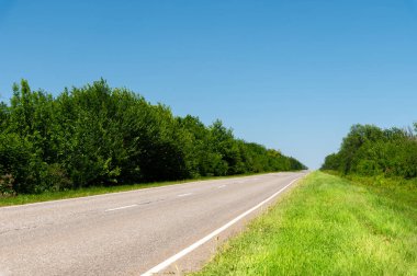 Banliyöde ağaçlar ve otlarla çevrili boş yol asfaltı. Ulaşım ve seyahat kavramı. Arkaplan yeşil çimen asfalt ve mavi gökyüzü