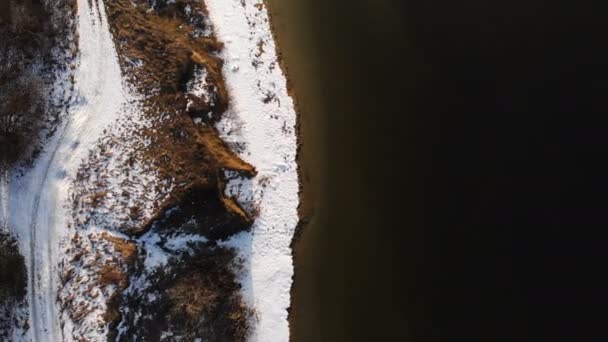 Aerial top view of the shoreline on a warm winter day. Yellow grass and pieces of snow on the shore. Global warming concept. Forward movement — Stock Video