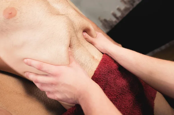 Zbliżenie profesjonalny masaż membrany do mężczyzny w profesjonalnym gabinecie masażu. Koncepcja narządów wewnętrznych i jamy brzusznej — Zdjęcie stockowe