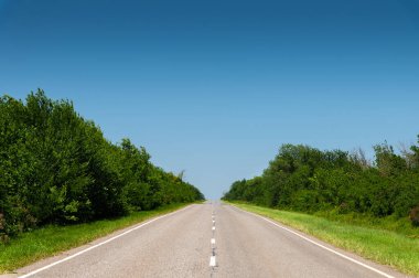 Banliyöde ağaçlar ve otlarla çevrili boş yol asfaltı. Ulaşım ve seyahat kavramı. Arkaplan yeşil çimen asfalt ve mavi gökyüzü