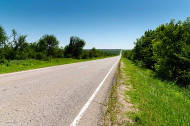 Yazın asfalt yolda yol kenarlarında mavi gökyüzüne karşı yeşil çimenler ve ağaçlar vardı. Ulaşım ve ulaşım lojistik şirketleri için güneşli bir gün.