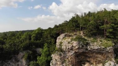 Uzun saçlı, sıska, siyah tişörtlü ve şortlu bir adam uçurumun kenarında duruyor ve etrafındaki orman ve dağlara bakıyor. Hava görünümü