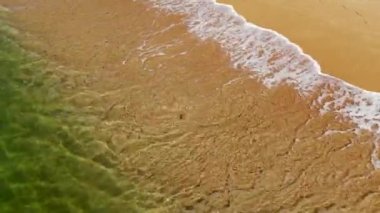 Deniz dalgaları üzerinde, kumlu sahilde yuvarlanan hava manzaralı alçak uçuş. Deniz kabuğu kumsalının arkasında sakin bir sörf