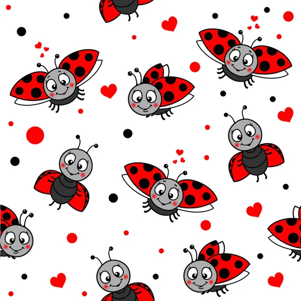 Modèle Coccinelles Souriantes Avec Des Points Des Cœurs — Image vectorielle