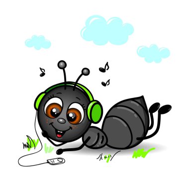 Cute Ant listening to music - stock illustration clipart