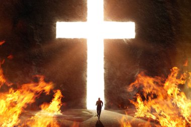 Person running from fire to safety of the Cross cut into a giant mountain clipart