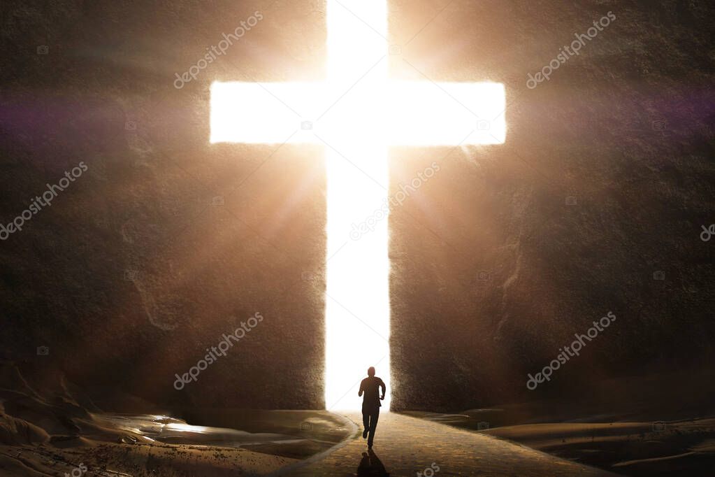 Man Running Towards Giant Bright Cross with Glowing Rays