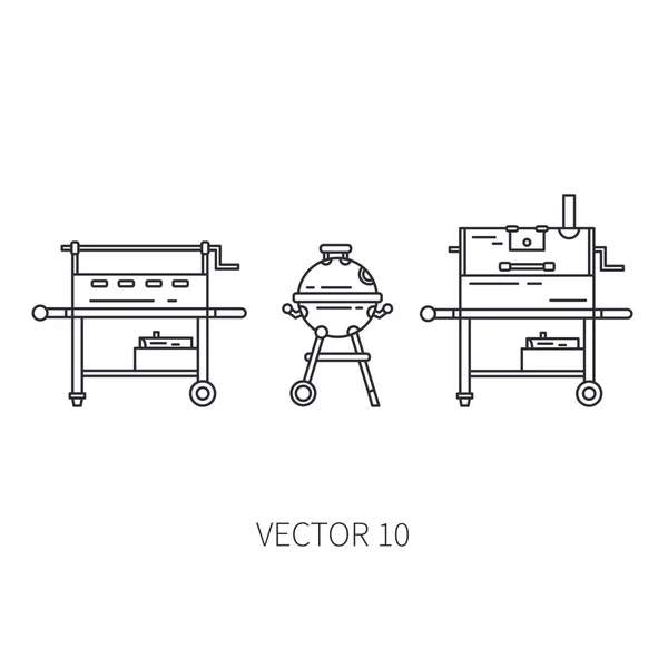 Conjunto de móveis retro churrasqueira compacta, ícone de linha de fumaça. Viagens de verão férias, turismo, equipamentos de acampamento. Almoço clássico. Piquenique familiar ao ar livre, sinal de festa e símbolo. Caminhada estilo de vida — Vetor de Stock