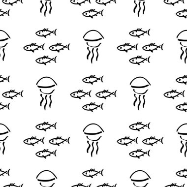 Düz tek renkli vektör kesintisiz deniz balığı desen kroki. Kumaş Tekstil yaz desen. Şirin doodle desen ile sualtı deniz yaratıkları. Vektör çizim saf öğesi yaban hayatı deniz süsleme.