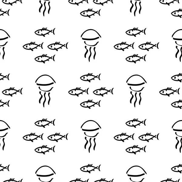 Lapos monokróm vektor varrat nélküli tengeri halak minta vázlat. Szövet-textil nyári minta. Aranyos doodle mintát víz alatti tengeri lények. Vektoros illusztráció naiv elem vadon élő tengeri dísz. — Stock Vector