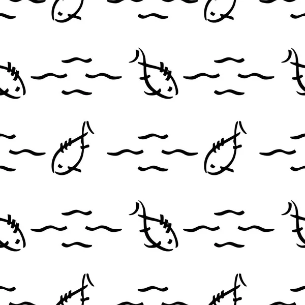 Vecteur monochrome plat motif croquis sans couture poisson de mer. Tissu motif d'été textile. Modèle mignon doodle avec des créatures sous-marines. Illustration vectorielle élément naïf faune ornement nautique . — Image vectorielle