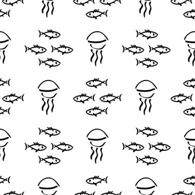Düz tek renkli vektör kesintisiz deniz balığı desen kroki. Kumaş Tekstil yaz desen. Şirin doodle desen ile sualtı deniz yaratıkları. Vektör çizim saf öğesi yaban hayatı deniz süsleme.