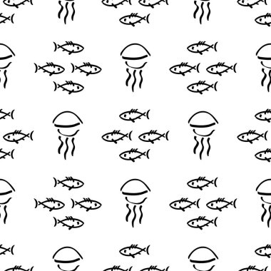Düz tek renkli vektör kesintisiz deniz balığı desen kroki. Kumaş Tekstil yaz desen. Şirin doodle desen ile sualtı deniz yaratıkları. Vektör çizim saf öğesi yaban hayatı deniz süsleme.