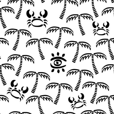 Soyut tek renkli vektör sorunsuz yaz desen. Kumaş Tekstil ile egzotik ada. Palmiye ağacı, Yengeç ile şirin doodle yaz desen. Vektör çizim saf orman yaban hayatı ve deniz süsleme.