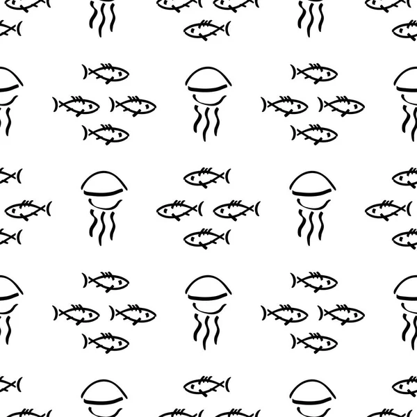 Flat monochrome vector seamless sea fish sketch pattern. Fabric textile summer pattern. Cute doodle pattern with underwater sea creatures. Vector illustration naive element wildlife nautical ornament. — Stock Vector