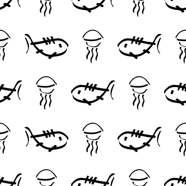 Flat monochrome vector seamless sea fish sketch pattern. Fabric textile summer pattern. Cute doodle pattern with underwater sea creatures. Vector illustration naive element wildlife nautical ornament. — Stock Vector