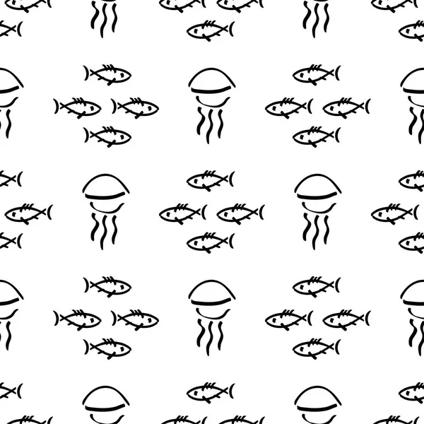 Flat monochrome vector seamless sea fish sketch pattern. Fabric textile summer pattern. Cute doodle pattern with underwater sea creatures. Vector illustration naive element wildlife nautical ornament. — Stock Vector