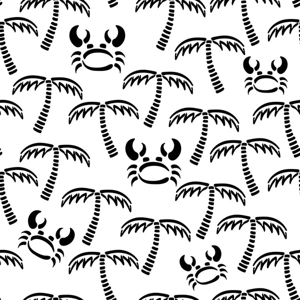Abstracte monochroom vector naadloze zomer patroon. Fabric-Textiel met exotische eiland. Schattig doodle zomer patroon met palmboom, krab. Vector illustratie naïef jungle dieren in het wild en nautische sieraad. — Stockvector