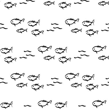 Düz tek renkli vektör kesintisiz deniz balığı desen kroki. Kumaş Tekstil yaz desen. Şirin doodle desen ile sualtı deniz yaratıkları. Vektör çizim saf öğesi yaban hayatı deniz süsleme.