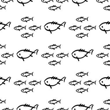 Düz tek renkli vektör kesintisiz deniz balığı desen kroki. Kumaş Tekstil yaz desen. Şirin doodle desen ile sualtı deniz yaratıkları. Vektör çizim saf öğesi yaban hayatı deniz süsleme.