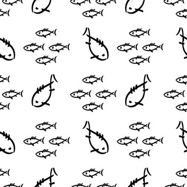 Düz tek renkli vektör kesintisiz deniz balığı desen kroki. Kumaş Tekstil yaz desen. Şirin doodle desen ile sualtı deniz yaratıkları. Vektör çizim saf öğesi yaban hayatı deniz süsleme.