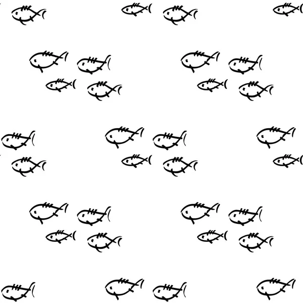 Lapos monokróm vektor varrat nélküli tengeri halak minta vázlat. Szövet-textil nyári minta. Aranyos doodle mintát víz alatti tengeri lények. Vektoros illusztráció naiv elem vadon élő tengeri dísz. — Stock Vector