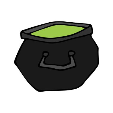 Mutlu Cadılar Bayramı renkli vektör simge cadı kazanı. Hediye ver yoksa karışmam. Şirin saf doodle, ürkütücü öğesi. Mezarlık, canavar, sonbahar kutlama. Sihir ve büyü sanatı. Vektör çizim. Arka plan.