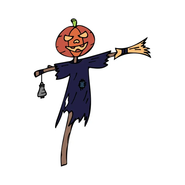 Feliz halloween cor vetor ícone espantalho cabeça de abóbora. Doce ou travessura. Doodle bonito, elemento assustador. Cemitério, monstro, celebração do Outono. Bruxaria e arte mágica. Ilustração vetorial. Contexto . —  Vetores de Stock