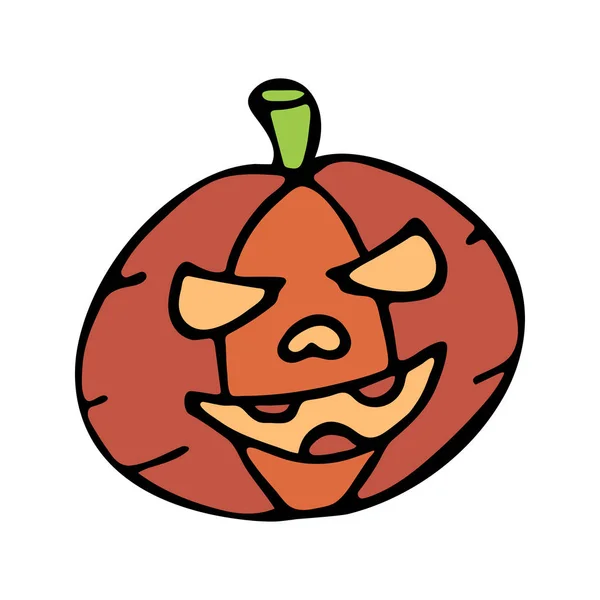 Happy halloween kleur vector pictogram met pompoen hoofd. Trick or treat. Leuk naïef doodle, spooky element. Kerkhof, monster, viering van de val. Hekserij en magie art. Vectorillustratie. Achtergrond. — Stockvector