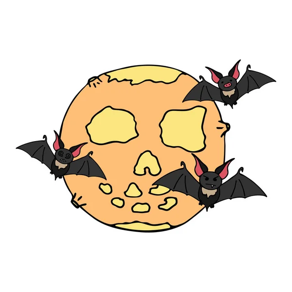 Happy halloween kleur vector pictogram met schattige vampier en maan. Trick or treat. Leuk naïef doodle, spooky element. Kerkhof, monster, viering van de val. Hekserij en magie. Achtergrond afbeelding — Stockvector