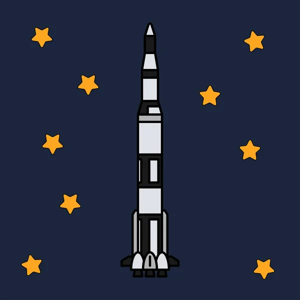 항공 우주 프로그램 multistage 로켓의 라인 플랫 컬러 벡터 아이콘 요소. 만화 스타일 로켓, 우주 비행사 모험입니다. 우주선 기술 그림입니다. 공간 조사입니다. 갤럭시입니다. 클립 아트 로고. — 스톡 벡터