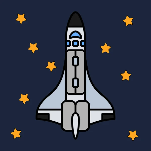 Linea piatta elementi icona vettoriale colore del programma aerospaziale razzo multistadio. Razzo in stile cartone animato, avventura astronauta. Illustrazione tecnologia astronave. Indagini spaziali. Galassia. Logo Clipart . — Vettoriale Stock