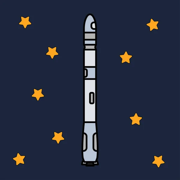 Line platt färg ikonen vektorelement av aerospace program multistage raket. Tecknad stil raket, astronaut äventyr. Rymdskepp teknik illustration. Utrymme utredningar. Galaxy. ClipArt-logotypen. — Stock vektor